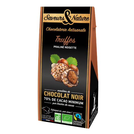 Ballotin de truffes praliné noisette enrobées de chocolat noir bio - 1